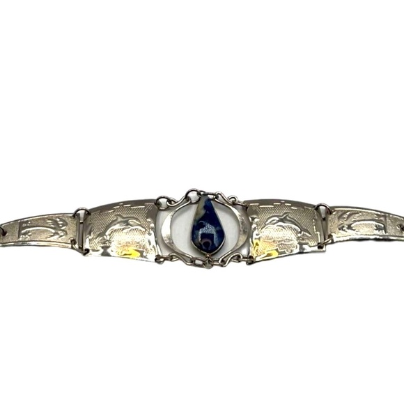 Vintage Mexican Alpaca Silver Bracelet With Genuine Lapis Drop Pendant - Picture 7 of 7